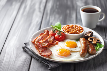 Traditional Full English Breakfast with Bacon, Eggs, and Sausage