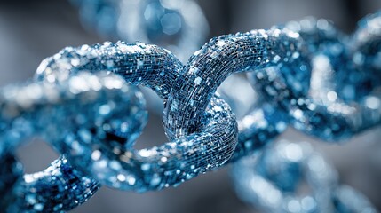 Close-up of blue digital chain: interlocked digital link repeating pattern symbolizes blockchain technology and online data security, blue conveys trust and stability