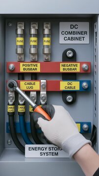 Energy storage system maintenance on DC combiner cabinet with fuse and positive busbars for electrical safety and power management in industrial setup