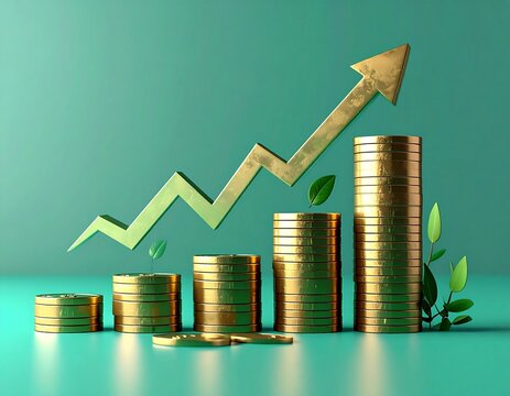 stacks of coins and upward-pointing arrows in a 3D render with a green-teal background