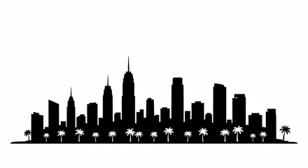 Obraz premium Silhouette of a city skyline with tall buildings and palm trees in the foreground on a white background