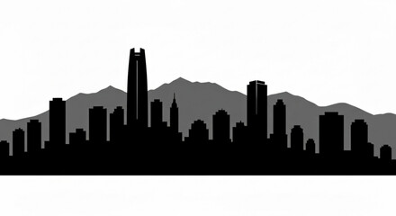 Obraz premium Silhouette of a city skyline with tall buildings and mountains in the background in black and white style