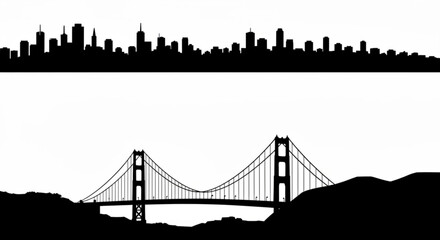Obraz premium Silhouette of a city skyline above a bridge with hills in a black and white landscape scene view