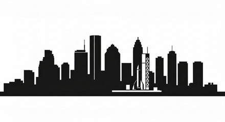 Fototapeta premium Silhouette of a city skyline with tall buildings and a rocket launch structure in the foreground
