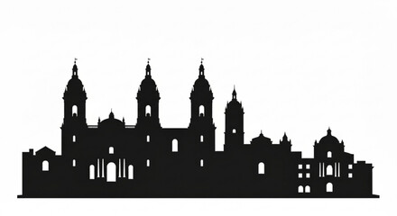 Fototapeta premium Silhouette of a grand cathedral with multiple towers and domes against a white background design view