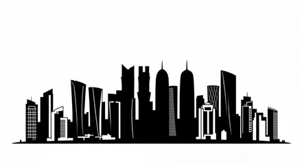 Obraz premium Silhouette of a cityscape with various skyscrapers and buildings against a white background view vector