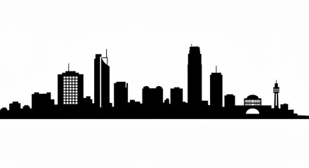 Obraz premium Silhouette of a city skyline with various buildings and structures against a white background in black color