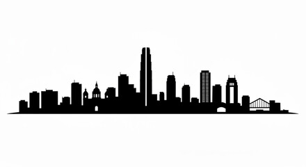 Naklejka premium Silhouette of a city skyline with various buildings and a bridge against a white background in a simple design