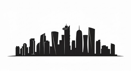 Fototapeta premium Silhouette of a cityscape with various tall buildings against a white background in a simple design
