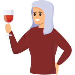 Smiling person with long gray hair holds a wine glass filled with red wine wearing a maroon sweater with a transparent background