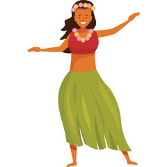 Smiling Woman in Red Top Green Hula Skirt and Flower Garland Dancing Joyfully with Arms Extended on Transparent Background