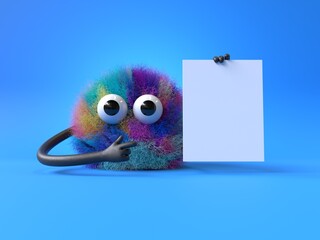 Fluffy, cute monster holds a blank sign, symbolizes information and advertising display. 3D rendering, conceptual image. Isolated on white background.