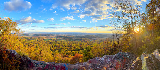 A wide angle panoramic shot off a mountain overlook. 