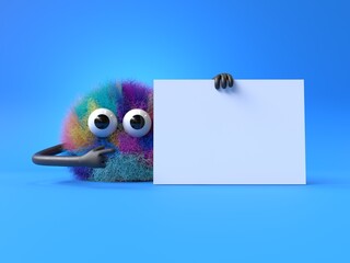 Fluffy, cute monster holds a blank sign, symbolizes information and advertising display. 3D rendering, conceptual image. Isolated on white background.