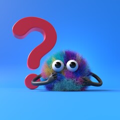 Fluffy, cute monster beside a question mark, symbolizing inquiry or curiosity. 3D rendering, conceptual image. Isolated on white background.