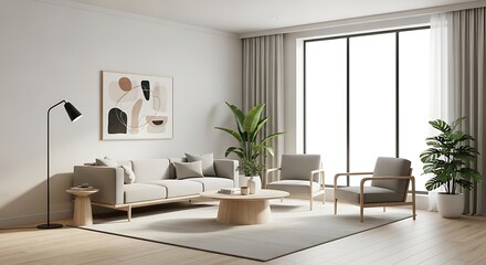 Fototapeta premium Contemporary Living Room Interior Featuring Stylish Neutral Decor, Sofa, Armchairs, and Green Plants