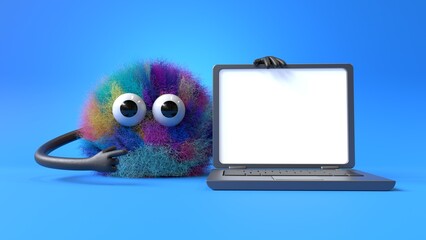 Fluffy, cute monster presenting a laptop, symbolizing tech support or digital learning. 3D rendering, conceptual image. Isolated on white background.