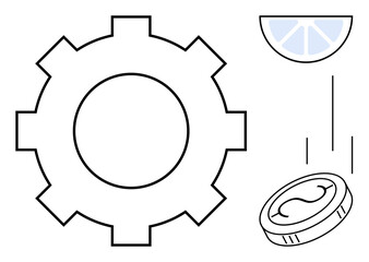 Gear symbolizing productivity, coin representing economy or wealth, and a lemon slice illustrating freshness. Ideal for economics, finance, industry, creativity, efficiency, innovation and business