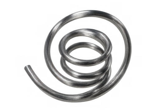 Metal spiral coil forming an abstract shape, silver wire spring for technology and design concepts on transparent background
