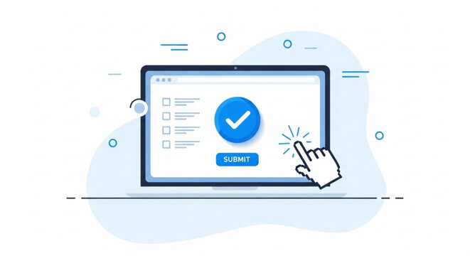 Online survey form on laptop, depicting a hand clicking the submit button, representing feedback and data collection
