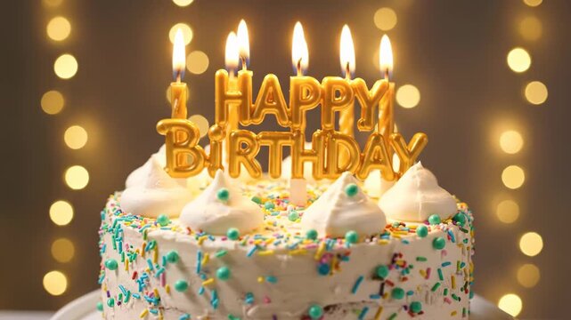 Closeup of a festive birthday cake adorned with colorful sprinkles, white frosting, and lit golden happy birthday candles vector illustration