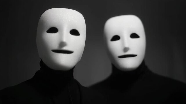 Two people black clothing and white expressionless masks stand against dark background, creating mysterious, surreal atmosphere with sense of anonymity, intrigue, and emotionless disguise their faces