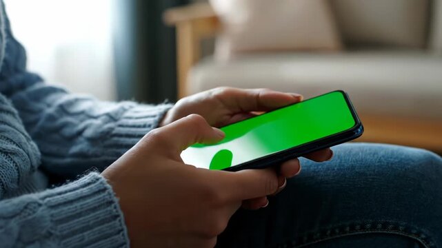 Closeup of a persons hands holding a smartphone with a bright green screen, suggesting mobile usage, app interaction, or digital content consumption vector illustration