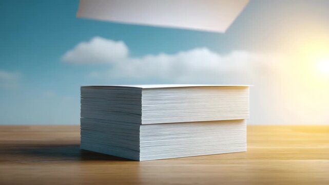 Stack of white paper sheet and stack of paper wooden table with blue sky, sunlight, fluffy cloud background, office supply, business document, printing, stationery, creative and calm workspace