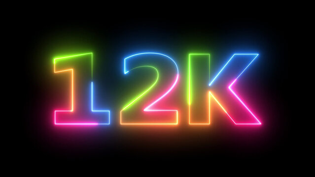 Colorful Neon Text 12K Glowing on Dark Background for Follower Milestones Animation