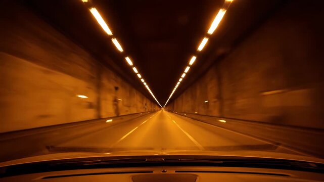 Driving through a long, brightly lit tunnel with orange walls and a blurred effect, creating a sense of speed and motion vector illustration
