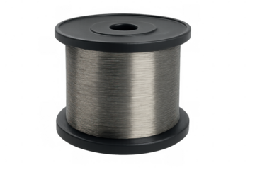 Spool of thin metallic wire, material for industrial uses or craft projects, on transparent background
