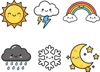 Cute Weather Faces Vector Illustration Set