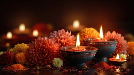 Obraz premium diwali celebration with oil lamps and flower decorations