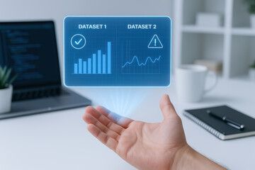 AI developer workspace with AI programmer analyzing data charts and graphs in modern office environment with technology focus