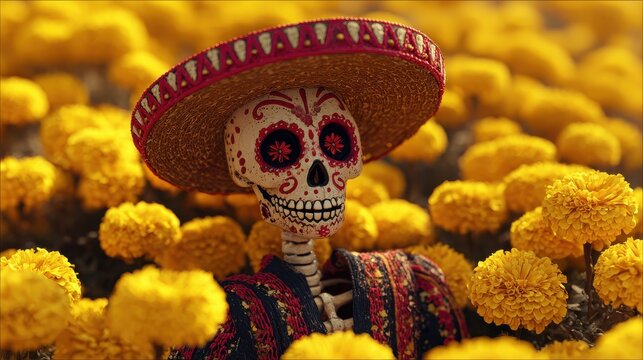 mexican skeleton with sugar skull makeup and sombrero hat in marigold flowers field traditional calaca heads for day of dead celebration dia de los muertos traditional carnival style s