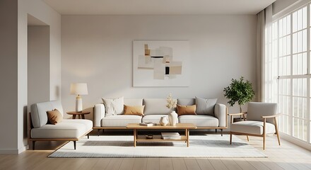 Fototapeta premium Bright and serene modern living room interior with minimalist wooden furniture and decor