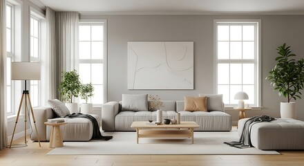 Fototapeta premium Serene and Modern Living Room with Neutral Tones and Natural Light in a Cozy Home