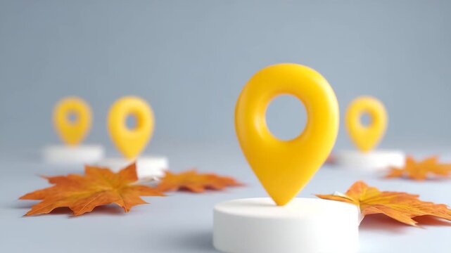 Yellow map pin autumn leaf on white pedestal with soft blue background, navigation travel location marker, minimal seasonal fall concept, creative cheerful modern abstract direction scene