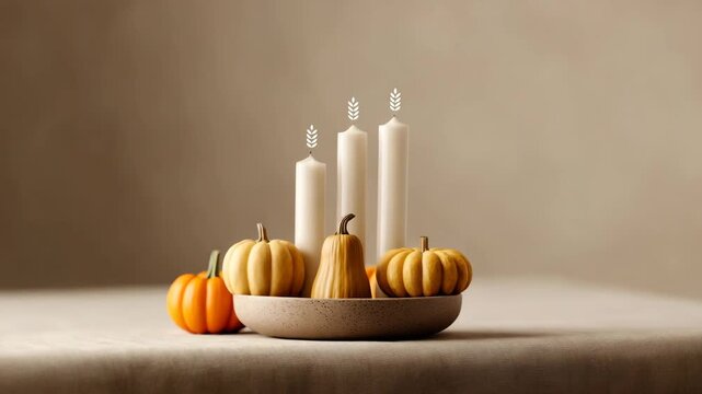 Cozy Autumn Centerpiece with White Candles, Small Pumpkins, Gourds in Ceramic Bowl on Neutral Tablecloth, Minimalist Seasonal Decor for Elegant Table Setting and Warm, Inviting Atmosphere