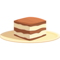 Square Tiramisu Dessert With Three Layers Of Cream And Chocolate Powder On Top Served On A Round Pale Yellow Plate Isolated On White Background