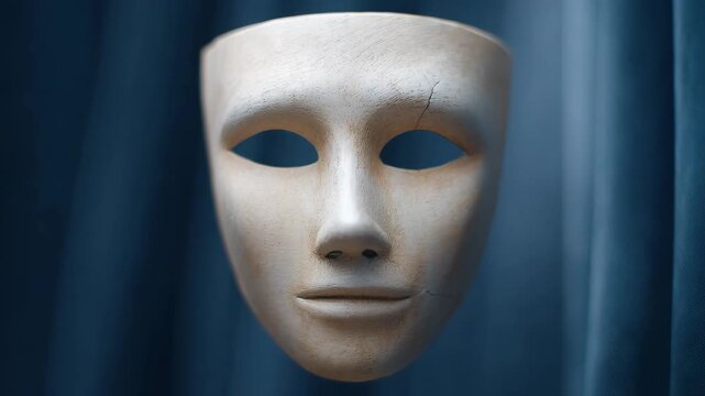 Wooden Mask Neutral Face with Smooth Artistic Texture, Mysterious Blue Background, Minimalistic Dramatic Lighting, Enigmatic Mood, Closeup Theater Art, Cracked Expressionless Solitary Vertical