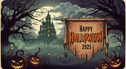 Fototapeta premium Spooky halloween scene with haunted house and banner illustration