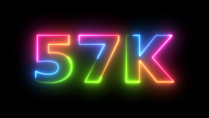 57K Neon Light Display Bright Colorful Text on Black Background Follower Increase