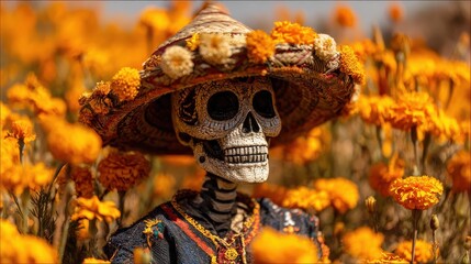 mexican skeleton with sugar skull makeup and sombrero hat in marigold flowers field traditional calaca heads for day of dead celebration dia de los muertos traditional carnival style s