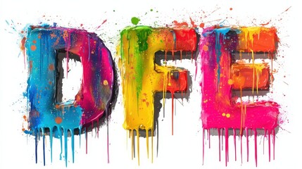 graffitistyle letters d e and f are splashed with vibrant neon paint dripping down the sides against a stark white background