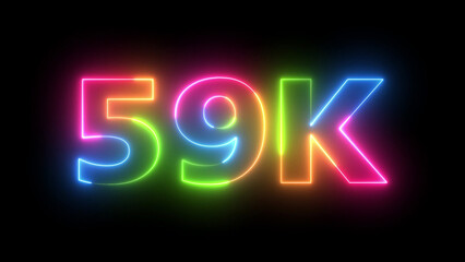 59K multicolored neon glowing number counter, vibrant electric sign for follower milestones