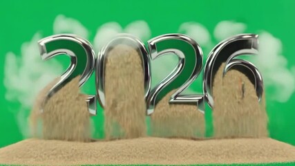 A 3d render of the year 2026 in chrome with sand inside on a green screen with smoke effects video - Powered by Adobe