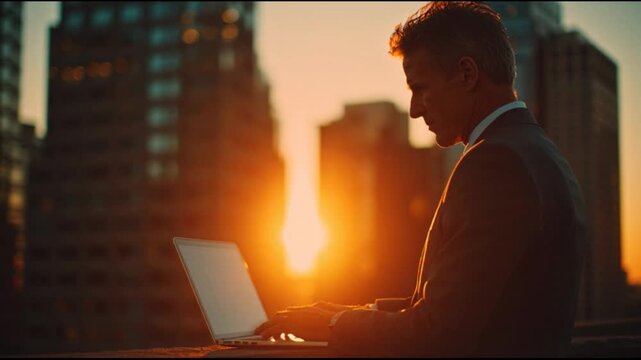 Man using laptop sunset silhouette cityscape