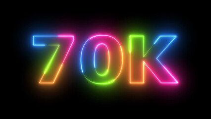 Dynamic Neon Light 70K Text Illuminating with Multi-Color Hues on a Black Background, Bright Display