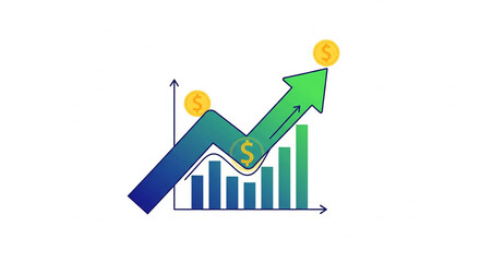 A financial graph showing an upward trend with coins and dollar signs indicating growth and profit.